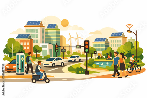 Vibrant cityscape showcasing sustainable urban development with green energy and eco-friendly transportation solutions