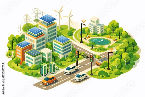 Smart city concept with sustainable energy sources, electric vehicles, and green spaces