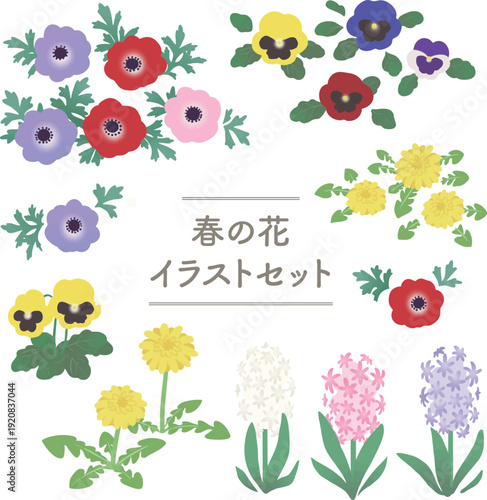 春の花のベクターイラストセット　パンジー・アネモネ・ヒヤシンス・たんぽぽのフラワー素材集