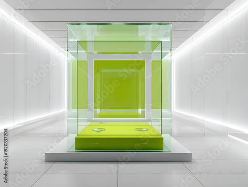 Layered Green Glass Frame Installation Creating Depth in Minimal Exhibition Hall