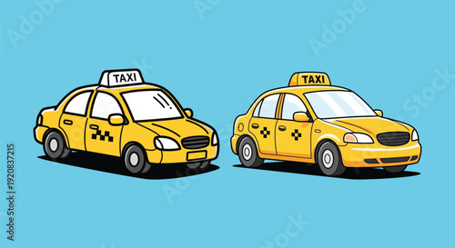 Two yellow taxi cabs on a blue background.