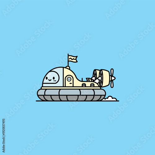 Cartoon illustration of a vintage hovercraft with a smiling face and a flag.