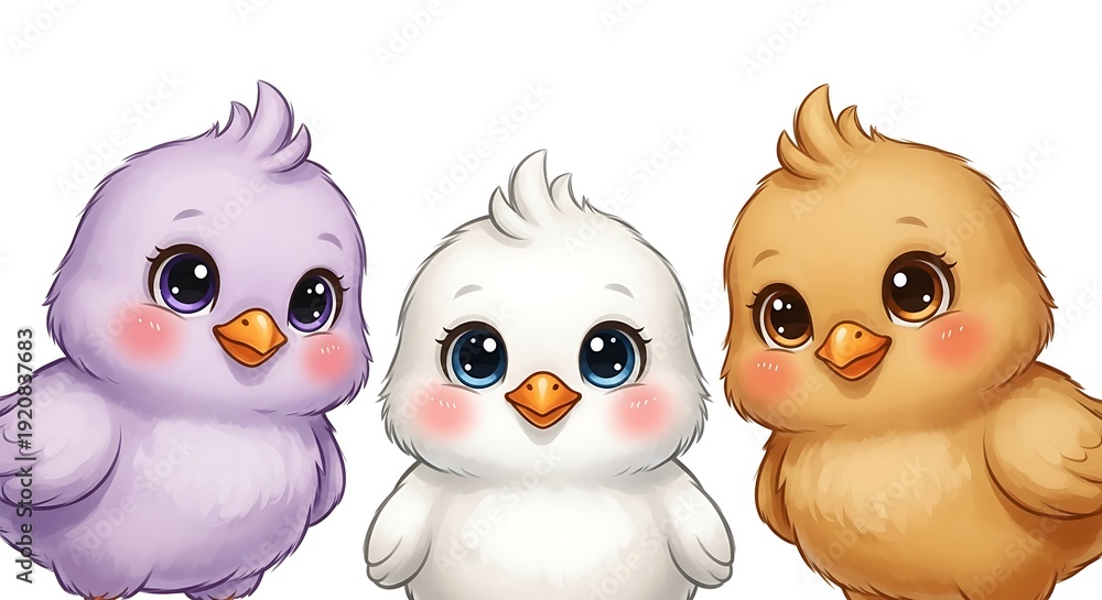 Obraz premium Three cartoon chicks, purple, white, and yellow, with large eyes and pink cheeks