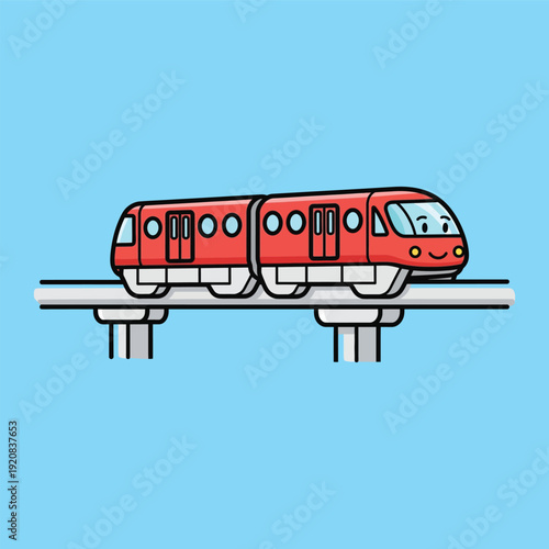 Red monorail train on elevated track against blue background.