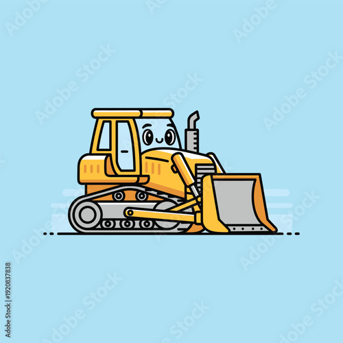 Cartoon bulldozer with a smiling face on a blue background.