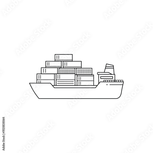 Simple line drawing of a cargo ship with containers on deck.