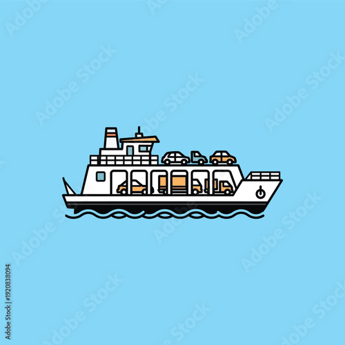 Simple illustration of a ferry boat on blue background.