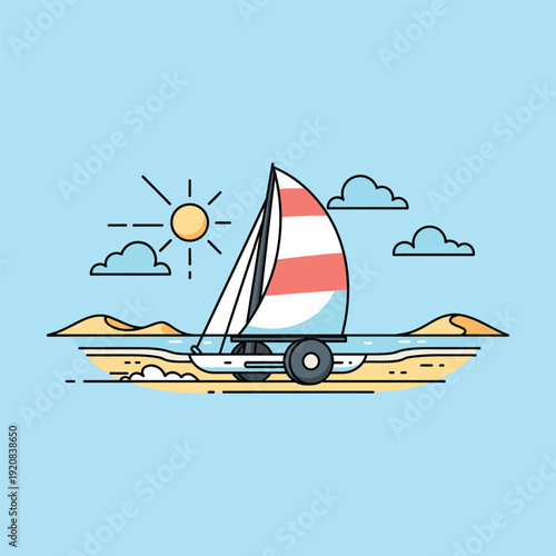 Sailboat on serene ocean with sunny sky and sandy shore.