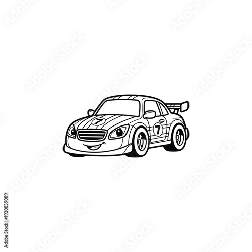 Black and white line drawing of a sports car with a racing theme.