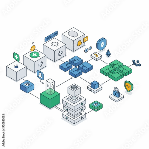 3D illustration of interconnected data storage and processing systems.