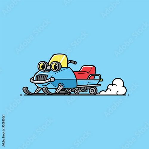 Cartoon Frog Riding a Snowmobile on a Blue Background.