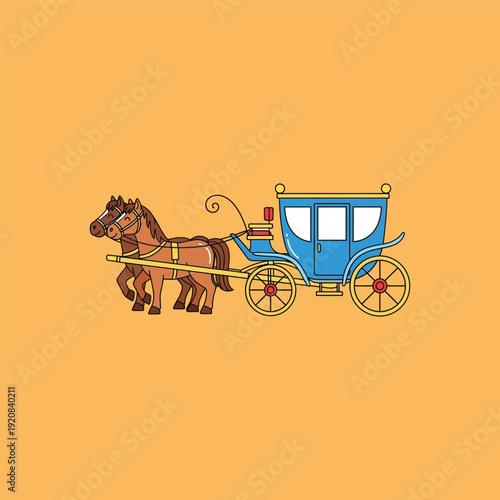 Vintage horse drawn carriage illustration on orange background.
