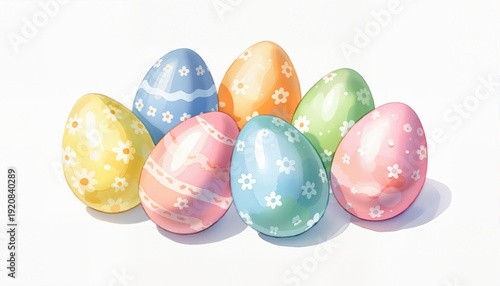 Set of watercolor Easter eggs on white background.

