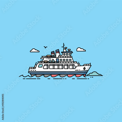 Illustration of a large white ferry boat sailing on calm waters.