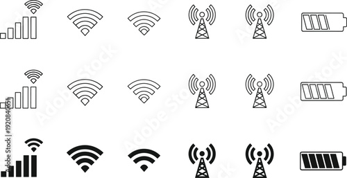 Black and white of Wi- Fi signals, cell towers, and battery levels arranged in a grid pattern Wi-Fi