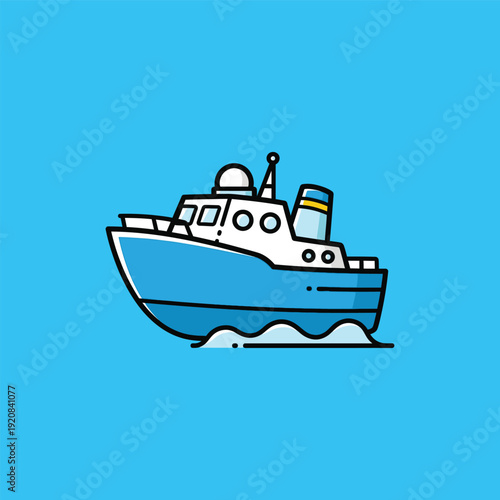 Simple illustration of a blue boat on water with a white cabin.