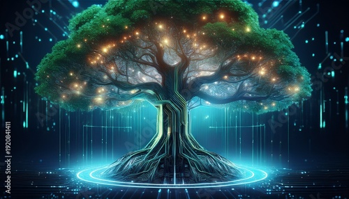 a glowing futuristic tree seamlessly merging nature and technology with circuit like roots and a vibrant digital aesthetic in a forest