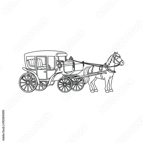 Vintage horse drawn carriage illustration in black and white.
