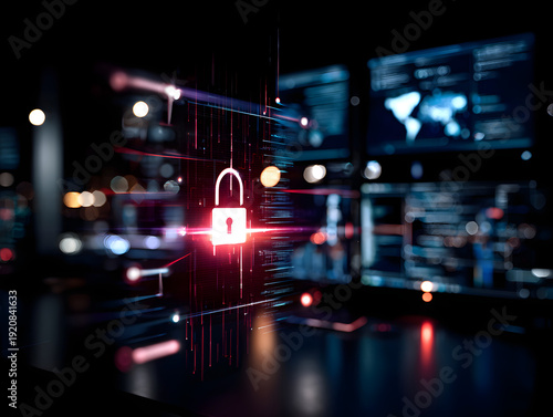 Bright digital padlock with red light streaks over monitoring dashboards in security center