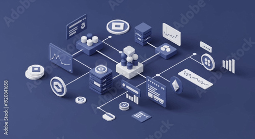 3D rendered infographic elements connected in a network.
