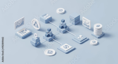 3D rendered illustration of business workflow and data processing steps.