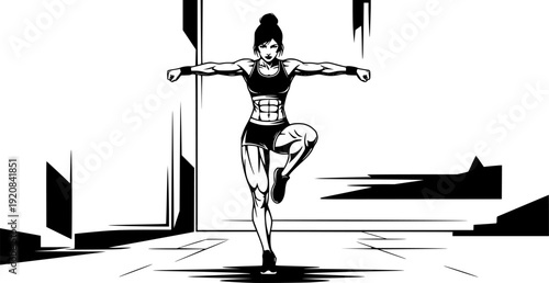 Powerful athletic woman in high-intensity workout pose: Design for fitness app interfaces, gym promotional banners, or sports motivation posters. Transparent background EPS version.