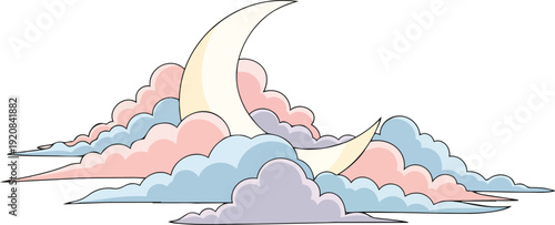 Crescent Moon Surrounded by Colored Clouds.