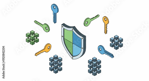 Shield with keys and clusters representing security and protection.