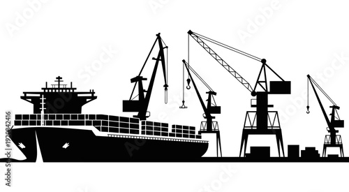 cargo, a striking black silhouette of a large container ship docked alongside industrial cranes against a dramatic evening sky at a busy harbor.