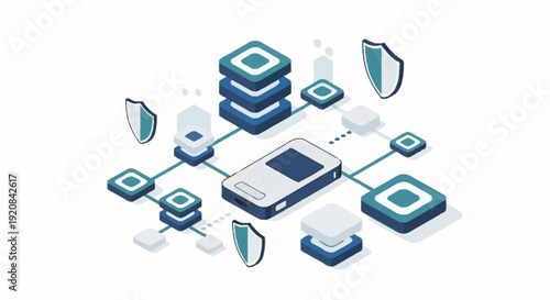 Mobile device security protection concept with shields and databases.