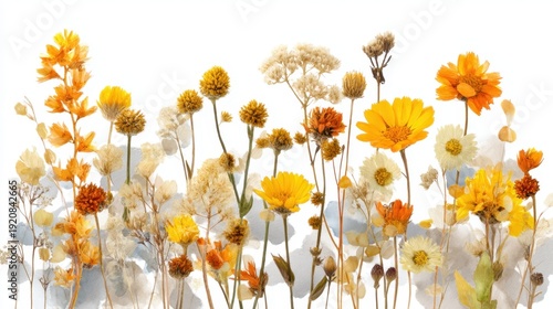 Wildflowers in yellow and orange fill the frame against a white background. The flowers vary in size and shape. They create a lively scene capturing the essence of natures diversity.