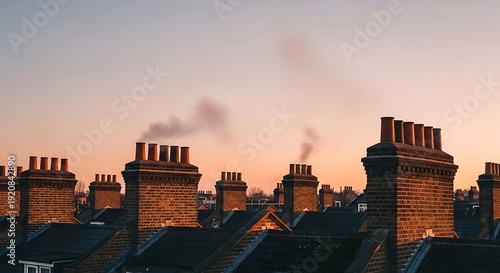 Warm golden sunset illuminating traditional brick chimneys emitting smoke over residential rooftops in urban neighborhood, atmospheric twilight mood with soft pastel sky