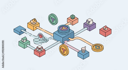 Digital Network Illustration with Central Hub and Connected Devices.