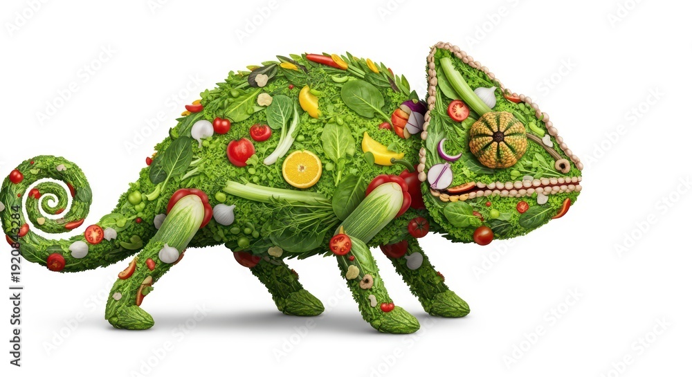 Fototapeta premium Creative chameleon made of fresh vegetables and fruits