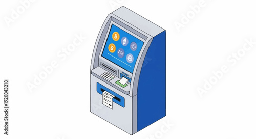 Modern ATM machine with blue and grey design.