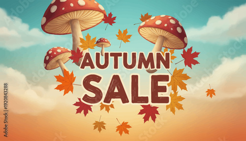 Autumn Sale banner with mushrooms and leaves.