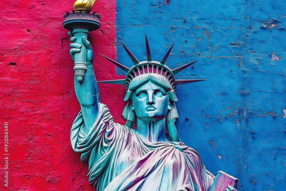 Obraz premium Statue of Liberty with Red and Blue Background - A Symbol of Freedom.