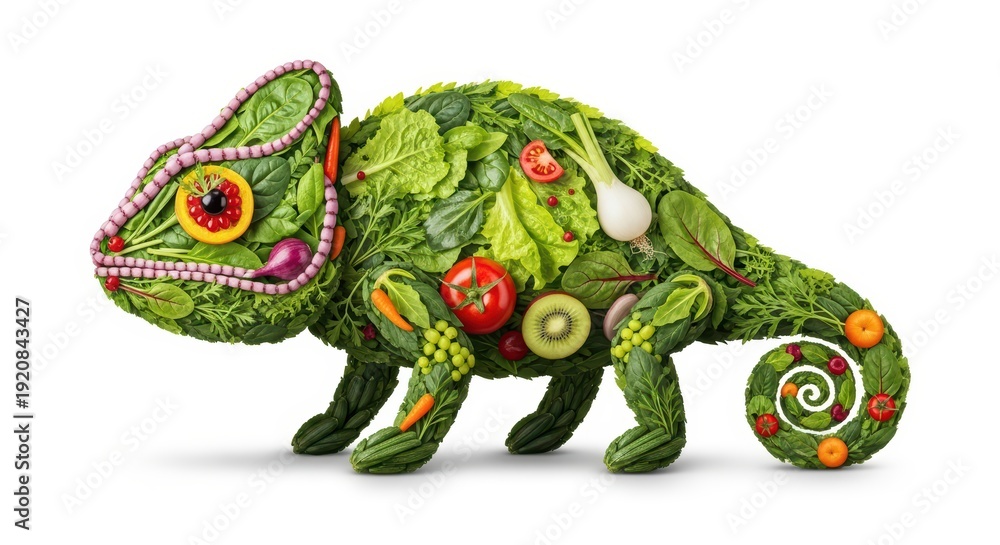 Fototapeta premium Creative chameleon made of fresh vegetables