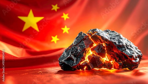 Glowing rock placed before Chinese national flag symbolizing natural resources energy power and national industry