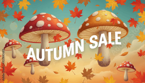 Vibrant autumn sale banner with mushrooms and leaves.
