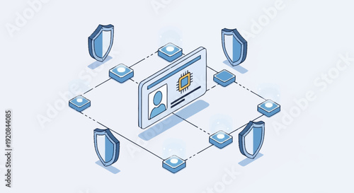 Digital security and protection concept with shields and user authentication.