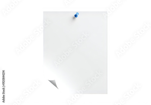 A white piece of paper with a blue push pin isolated on transparent background