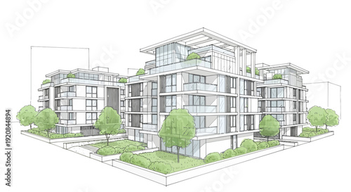 Modern Apartment Building Architectural Sketch with Minimalist Urban Landscape Design