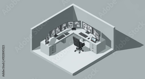 Isometric office space with modern workstation and computer screens.