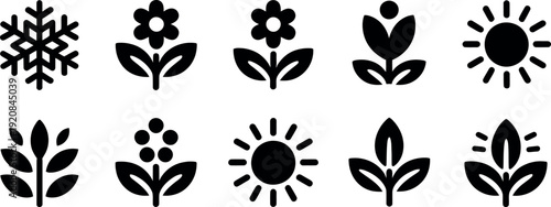 Collection of simple black floral and weather icons on a light gray background