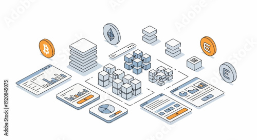 Blockchain technology and cryptocurrency digital illustration.