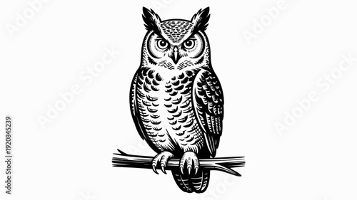 great, a detailed black and white line drawing of a majestic great horned owl perched on a branch, perfect for wildlife art projects.