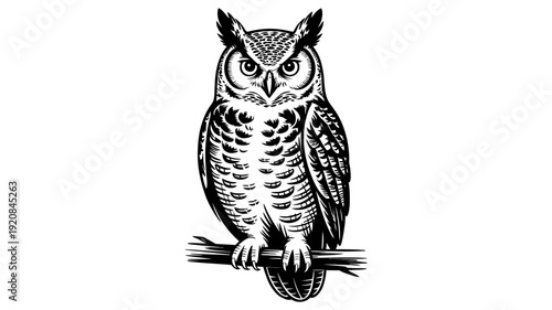 great, a detailed black and white line drawing of a majestic great horned owl perched on a branch, perfect for wildlife art projects.