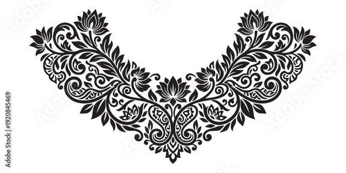 Decorative Floral Neckline Embroidery Pattern in Black Vector Style.
