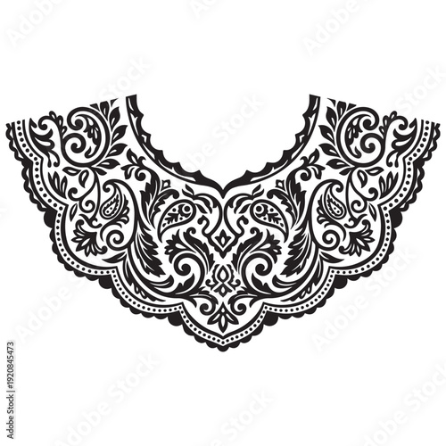 Decorative Floral Neckline Embroidery Pattern in Black Vector Style.